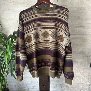 CLAIBORNE Vintage Rich Dark Colors Argyle Stripe Sweater Size XL